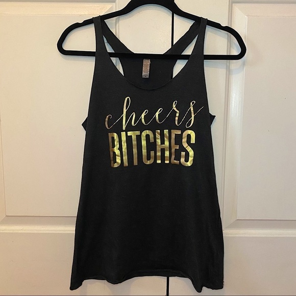 CHEERS BITCHES Black Racer Back Tank Top, Gold Writing, Bachelorette Party Tank - Picture 1 of 6